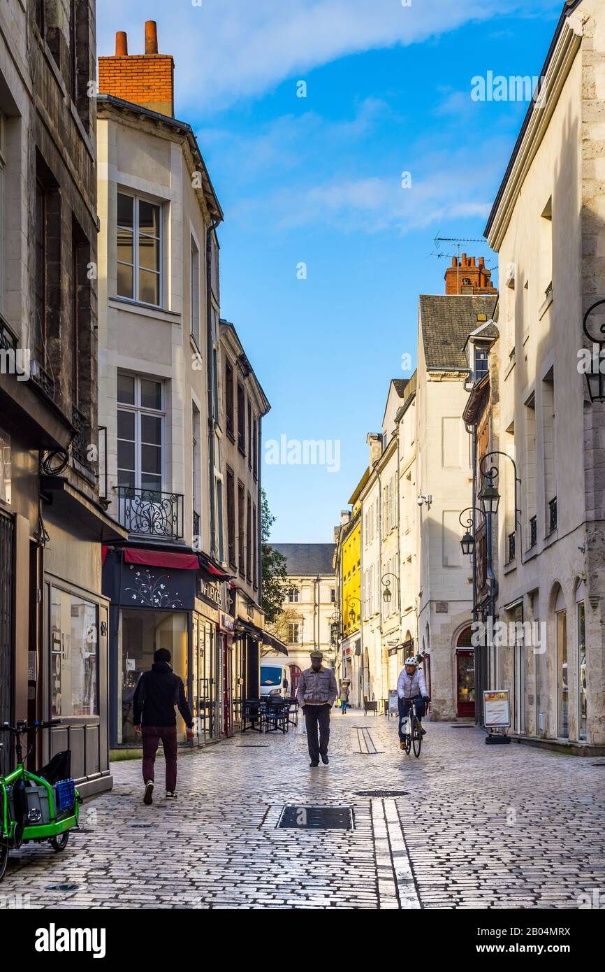 Cobbled street in old centre of Orleans, Loiret, France. Stock Photo
