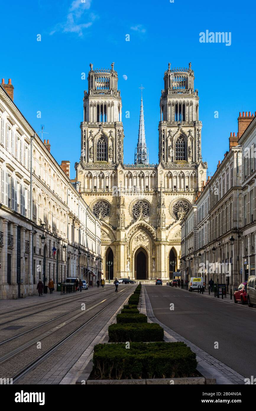 Orléans cathedral seen from along the Rue Jeanne d'Arc, Orleans, Loiret, France Stock Photo