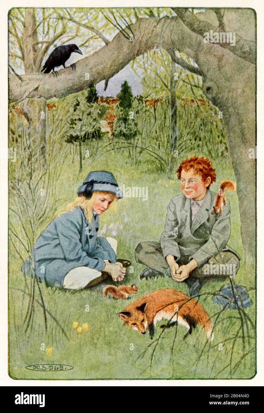 “It seemed scarcely bearable to leave such delightfulness” from The Secret Garden by Frances Hodgson Burnett (1849-1924). Illustration shows Mary and Dickon in the locked garden with Captain the fox, Soot the crow, and Nut and Shell, two squirrels. Photograph of first American edition published in 1911 with illustrations by Maria Louise Kirk (1860-1938). Stock Photo