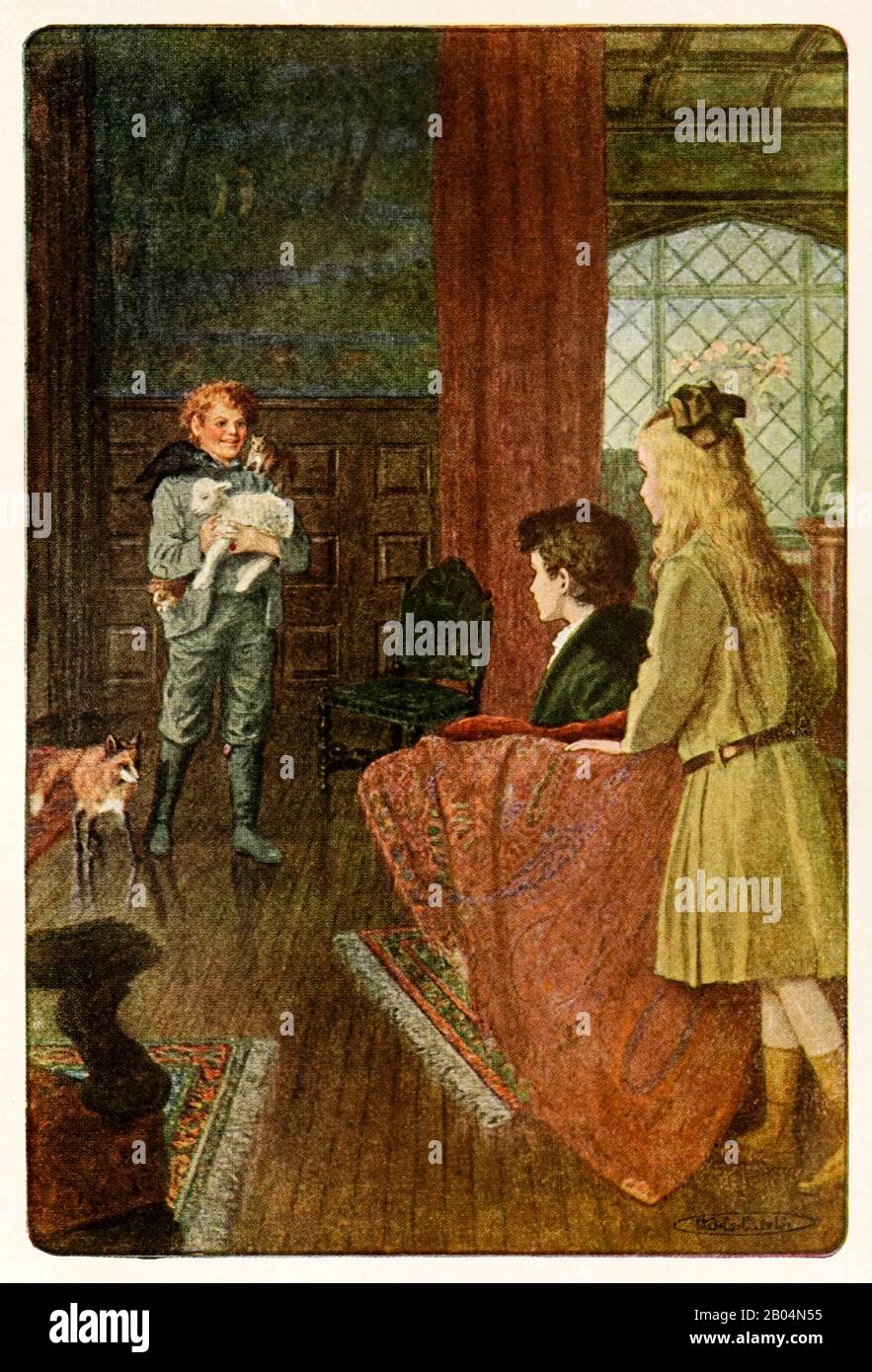 “Dickon came in smiling his nicest wide smile” from The Secret Garden by Frances Hodgson Burnett (1849-1924). Illustration shows Dickon holding a new born lamb with Captain the fox and the squirrels Nut and Shell meeting Colin in his wheelchair with Mary. Photograph of first American edition published in 1911 with illustrations by Maria Louise Kirk (1860-1938). Stock Photo