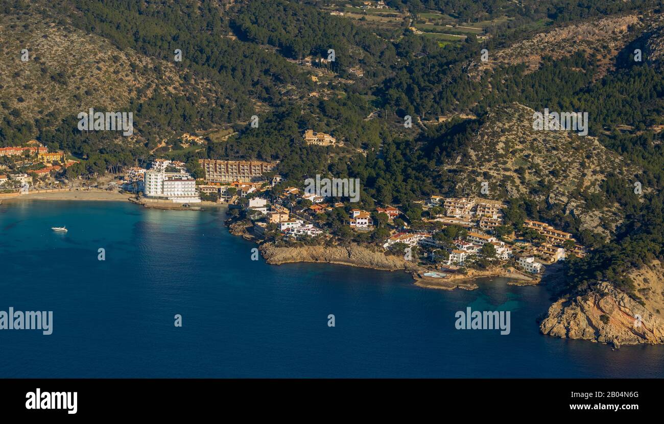 Aerial photo, hotel facilities, Platja des Geperut, Playa de Sant Elm, Andratx, Mallorca, Spain, Europe, Balearic Islands, ES, Espana, hotel, hotel in Stock Photo