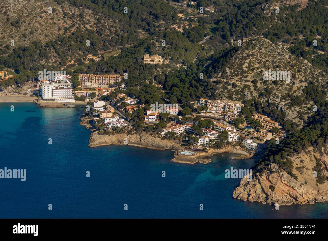 Aerial photograph, hotel facilities, Platja des Geperut, Playa de Sant Elm, Andratx, Mallorca, Spain, Europe, Balearic Islands, ES, Espana, hotel, hot Stock Photo