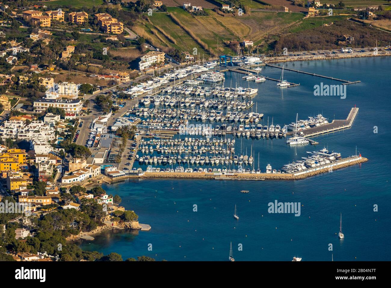 Luftbild, Port d'Andratx, Hafen von Andratx, Andratx, Mallorca, Spanien, Europa, Balearische Inseln, Boote, Bootsanlegestelle, Bootsfahrten, Bootssteg Stock Photo