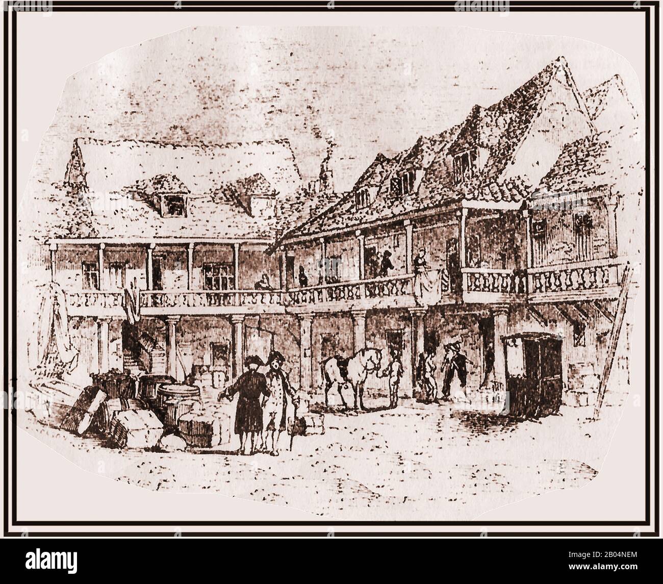 A late 18th century engraved image of the former  coaching yard  / courtyard of the TABARD INN, Southwark, London, England.  The inn was established in  1307 by the in  Abbot of Hyde as an ecclesiastical residence and served as lodgings for pilgrims visiting    the Shrine of Thomas Becket in Canterbury. It was demolished 1873 (though at least part of the original buildings were said to have been destroyed or pulled down during the great fire of London in 1666). Stock Photo