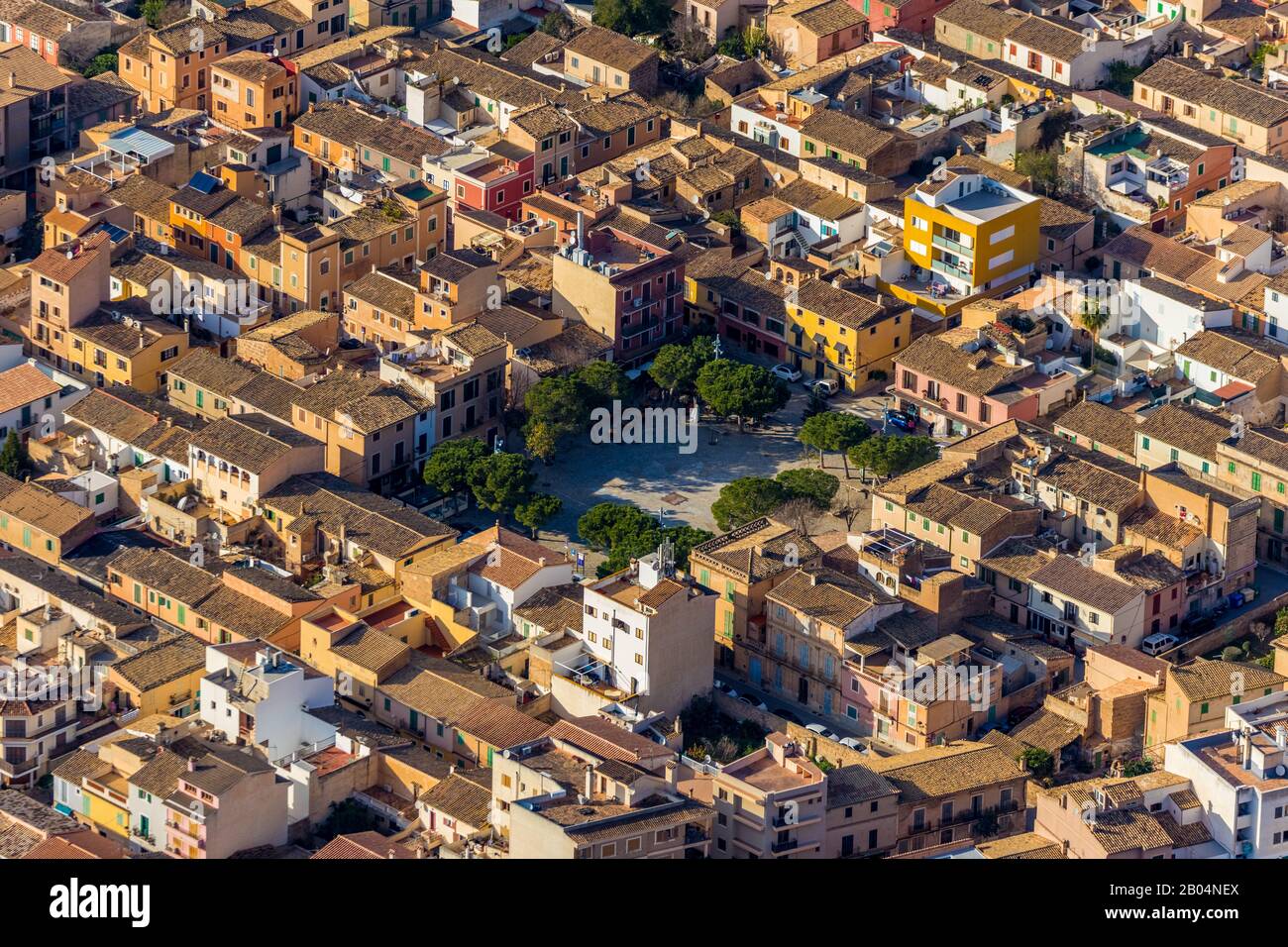 Aerial view, location view red roofs Andratx, Plaza Espana, Andratx, Mallorca, Spain, Europe, Balearic Islands, ES, Espana, property tax, green trees, Stock Photo