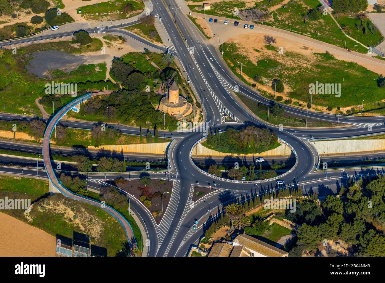 Aerial photo, motorway Ma-1, motorway junction, Molino de Santa Ponça, windmill of Santa Ponsa, Calvià, Mallorca, Spain, Europe, Balearic Islands, mot Stock Photo