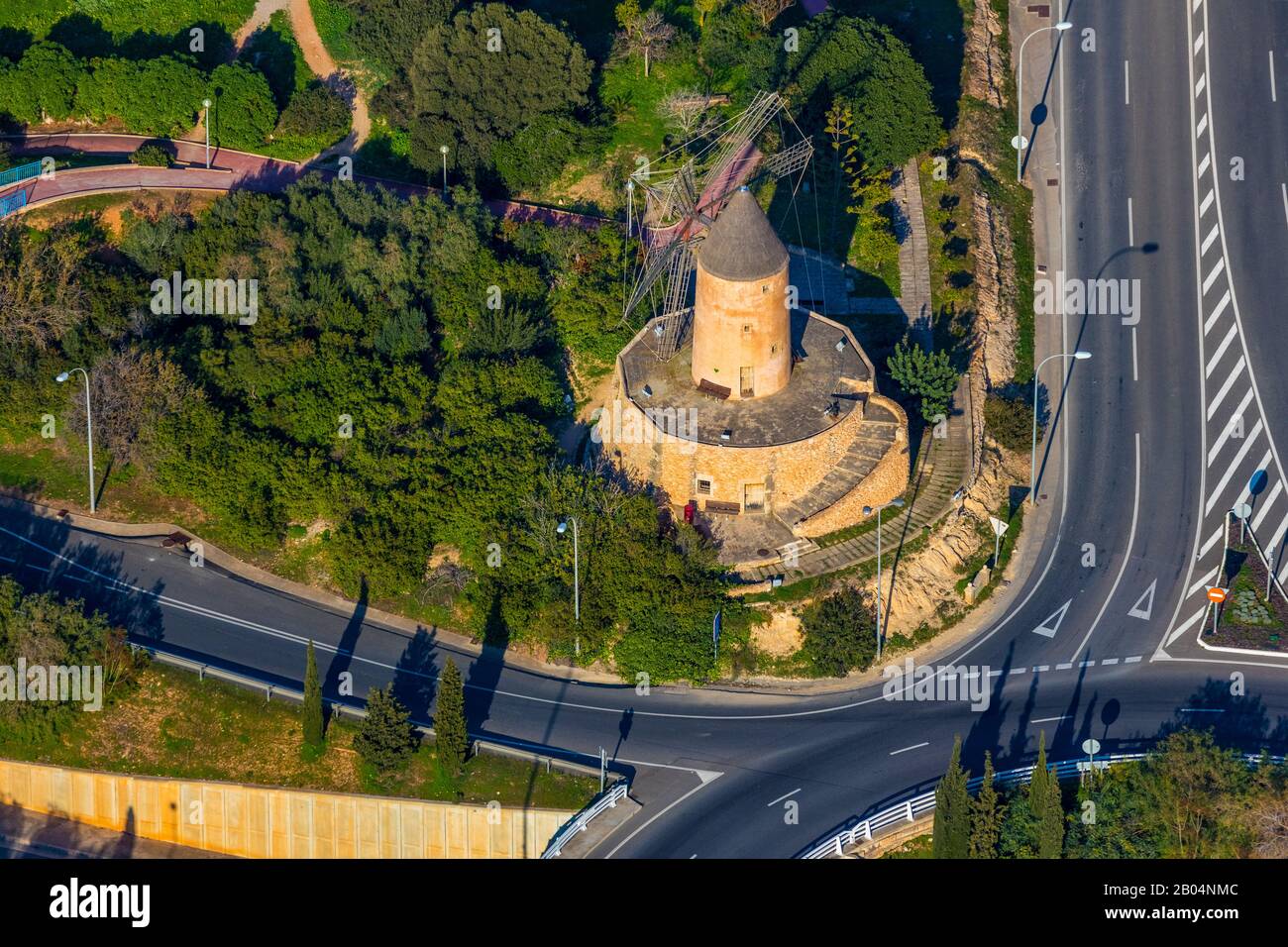 Aerial photo, Ma-1 motorway, motorway junction, Molino de Santa Ponça, Santa Ponsa windmill, Calvià, Mallorca, Spain, Europe, Balearic Islands, motorw Stock Photo