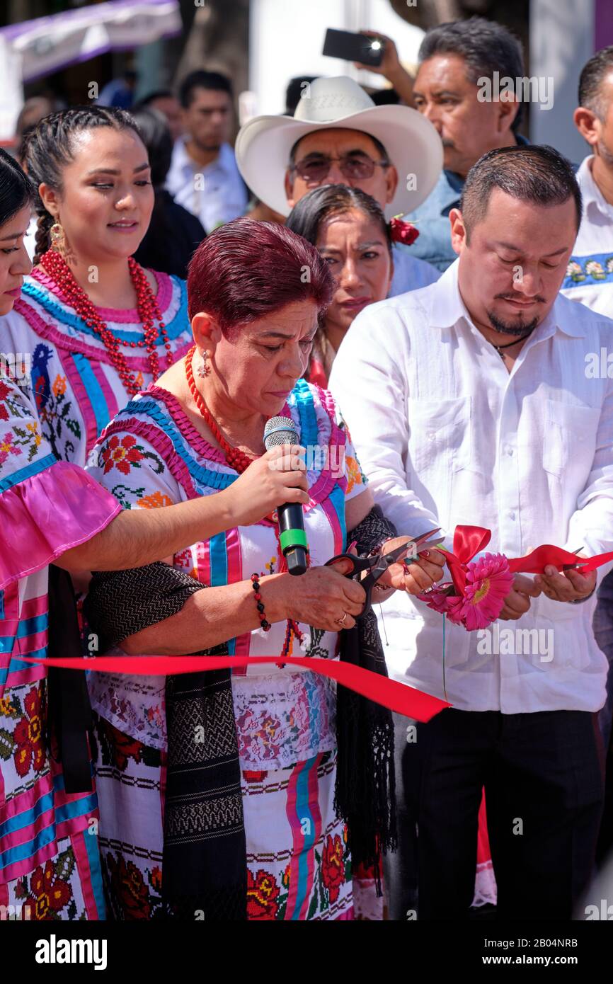 Ribbon cutting ceremony to open the Cultural Meeting of the International Day of Indigenous Languages. Oaxaca, Mexico. February 18, 2020 Stock Photo