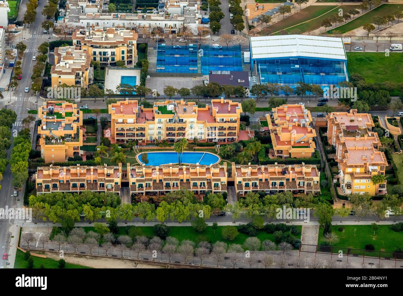 Aerial view, residences with pool, Palma padel, padel tennis court, Palma, Mallorca, Spain, Europe, Balearic Islands, Carrer de Castellà la Manxa, ES, Stock Photo
