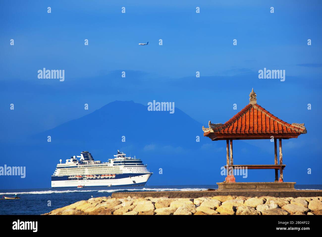 tourism illustration - empty exotic travel background with ocean big ship, plane and mountains island Stock Photo