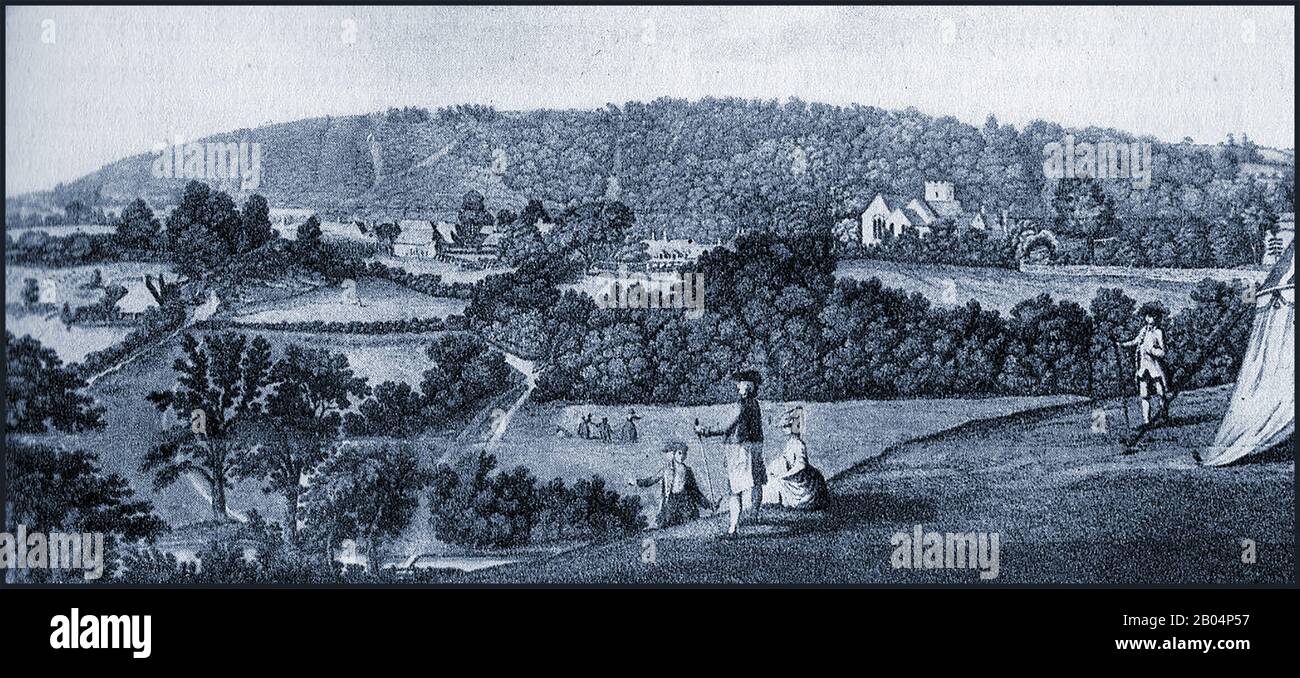An historic engraving showing a view of Selbourne, Hampshire in 1789. It's associated with its links with the world-famous naturalist, Revd. Gilbert White,  a pioneer birdwatcher and maintains a field study centre. Stock Photo