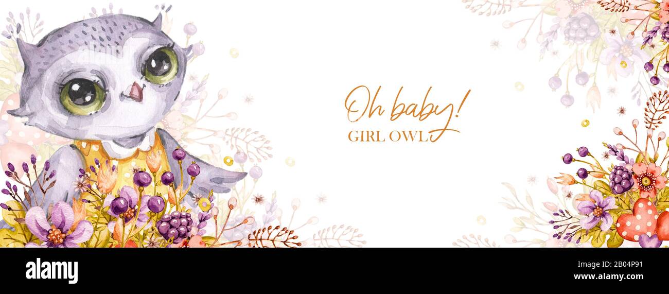 Watercolor concept. Forest cartoon portrait cute baby girl owl, flowers ...
