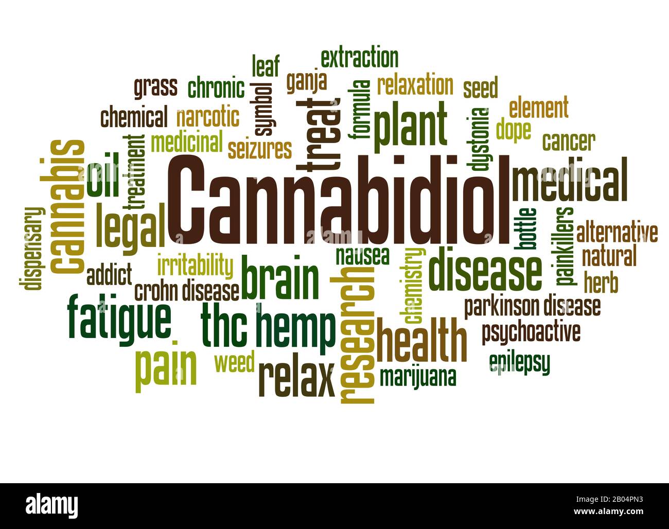 Cannabidiol (CBD) word cloud concept on white background. Stock Photo