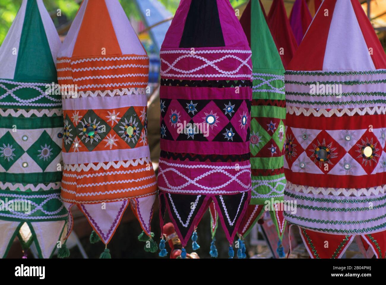 Colorful windsocks for sale on a street in Jew Town of Cochin in India