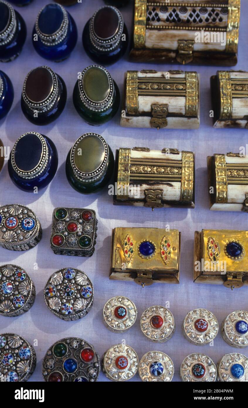 Small decorated metal boxes for sale on a street in Jew Town of Cochin
