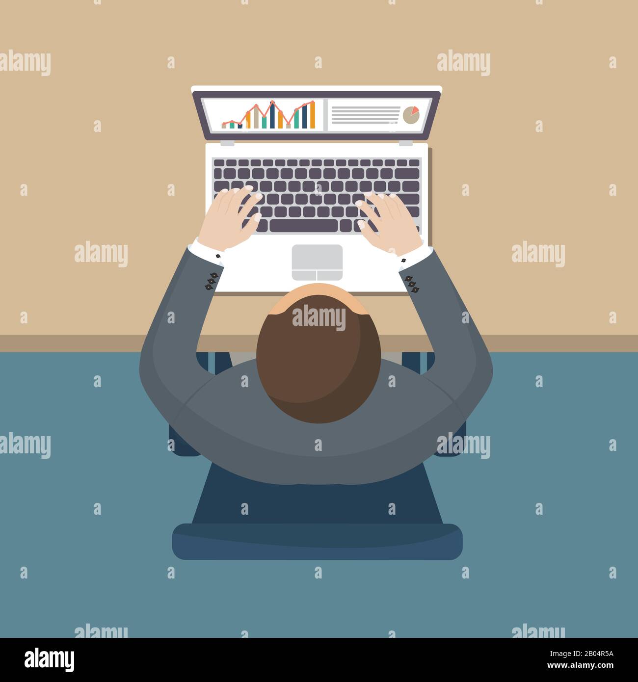 Business man working at desk. Vector illustration in flat design. Top view Stock Vector