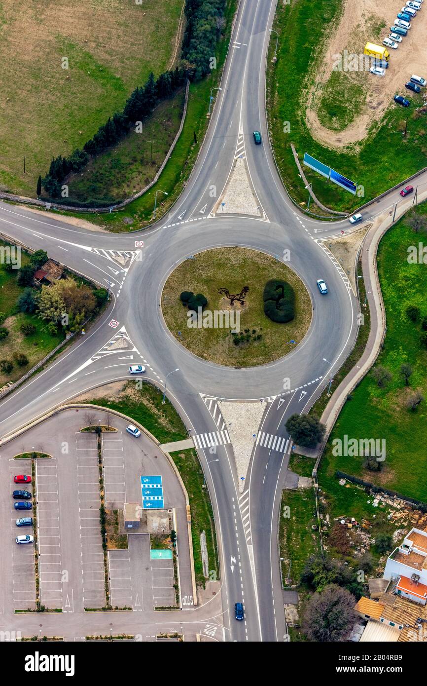 Aerial photo, island, roundabout with symbol, Pollença, Mallorca, Balearic Islands, Spain, Europe, ES, roundabout, roundabout, culture, art, aerial ph Stock Photo