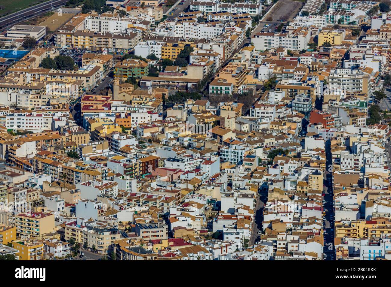 Aerial photo, island, residential area at the port, Port de Pollença, Pollença, Mallorca, Balearic Islands, Spain, Europe, ES, land tax, high-rise bui Stock Photo