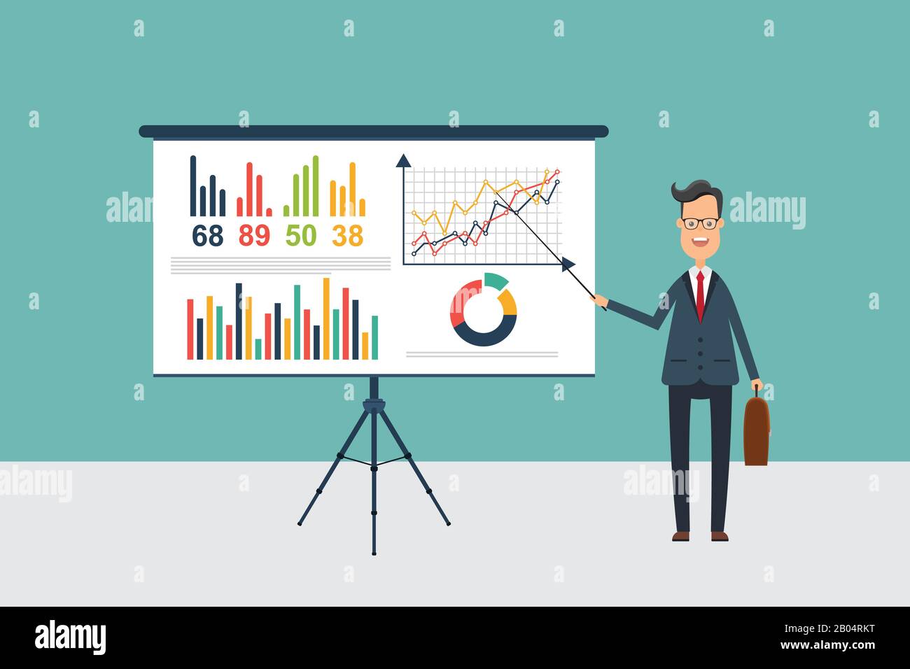 Businessman making presentation on presentation board. Business training. Stock Vector