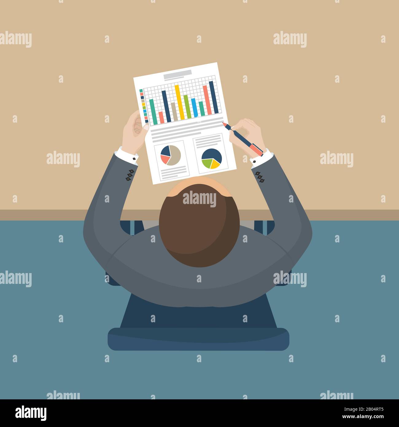 Business man working at desk. Vector illustration in flat design. Top view Stock Vector
