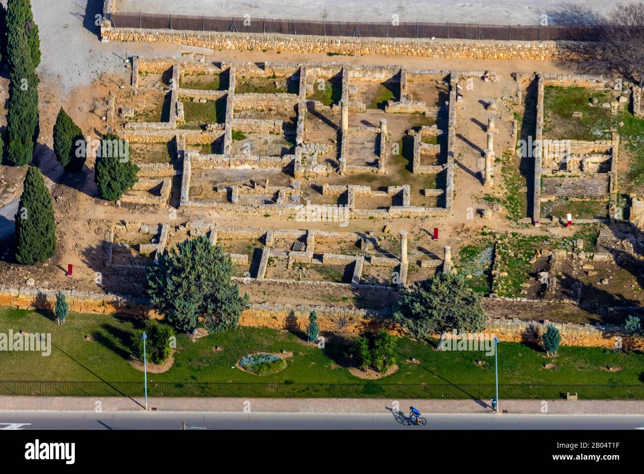 Aerial photo, island, Roman ruins Romanes de Pollentia, Roman ruins excavations, Alcúdia, Mallorca, Balearic Islands, Spain, Europe, excavations, Av. Stock Photo