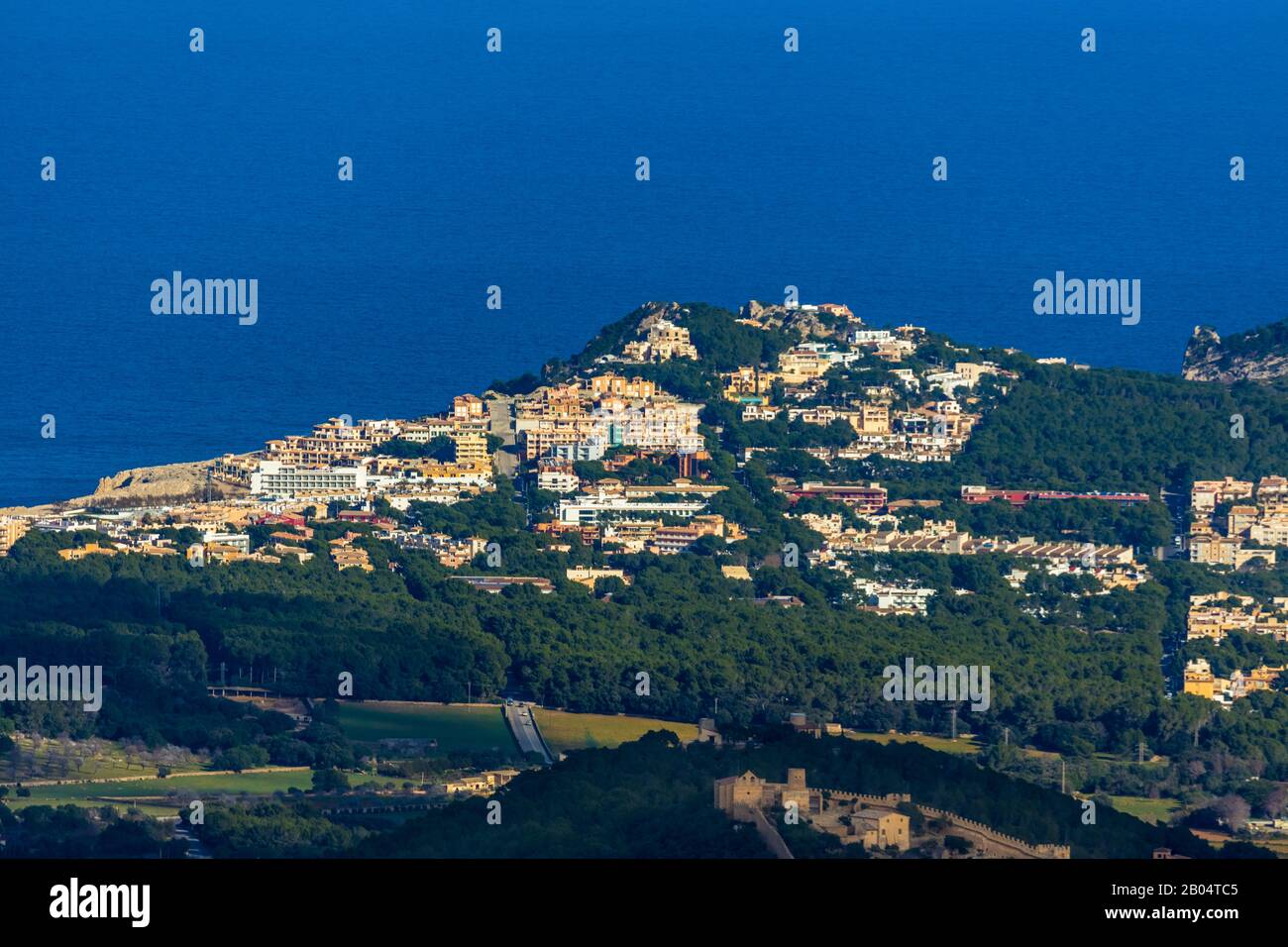 Aerial photo, Cala Radjada, Mallorca, Balearic Islands, Es Carregador, Europe, Baleares, Spain, ESP, Travel, Tourism, Destination, Sightseeing, Spain, Stock Photo