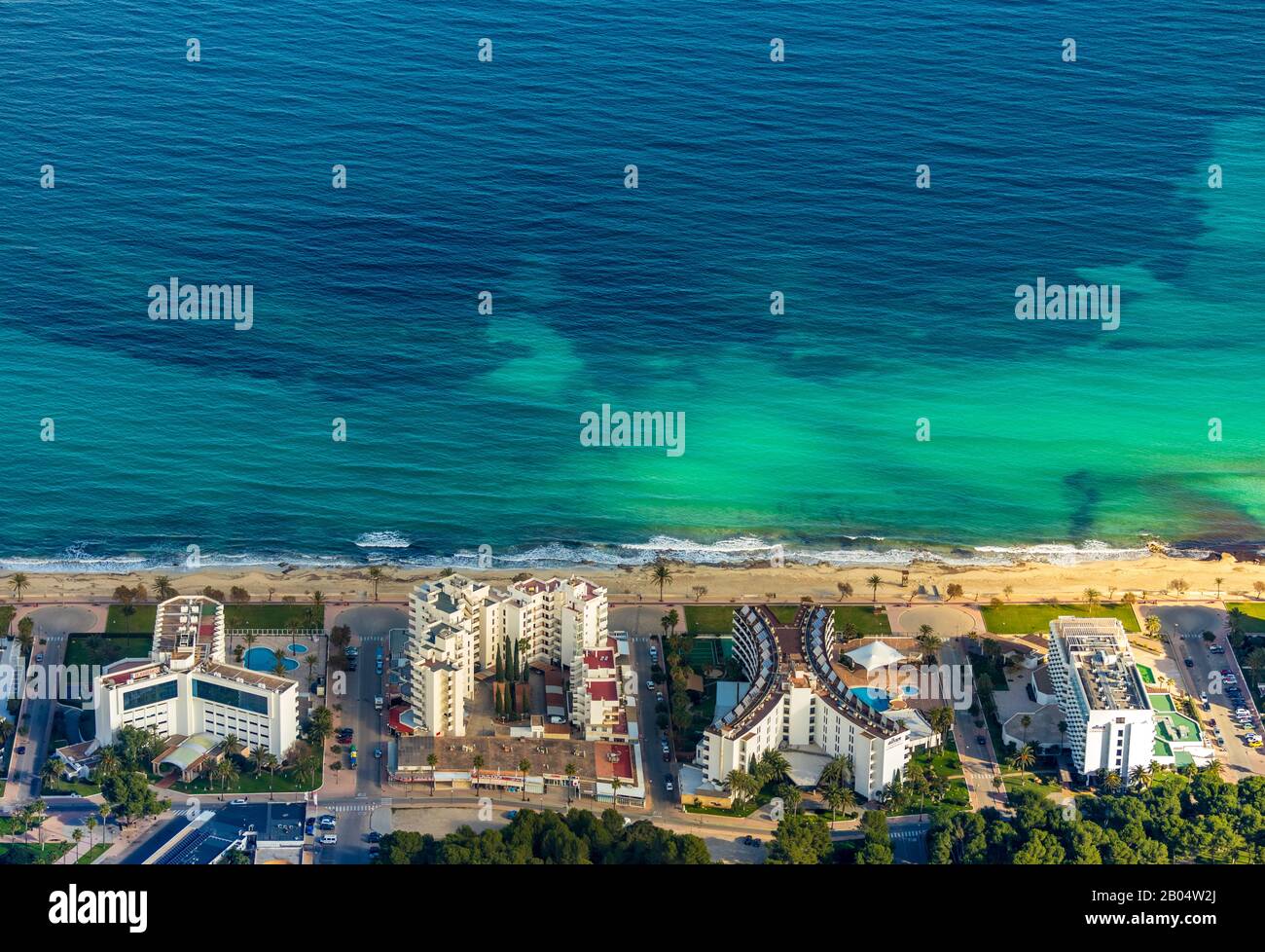 Aerial view, island, hotel facilities on the beach Cala Millor, Son Moro, S, ant Llorenç des Cardassar, Mallorca, Balearic Islands, Spain, Europe, ES, Stock Photo