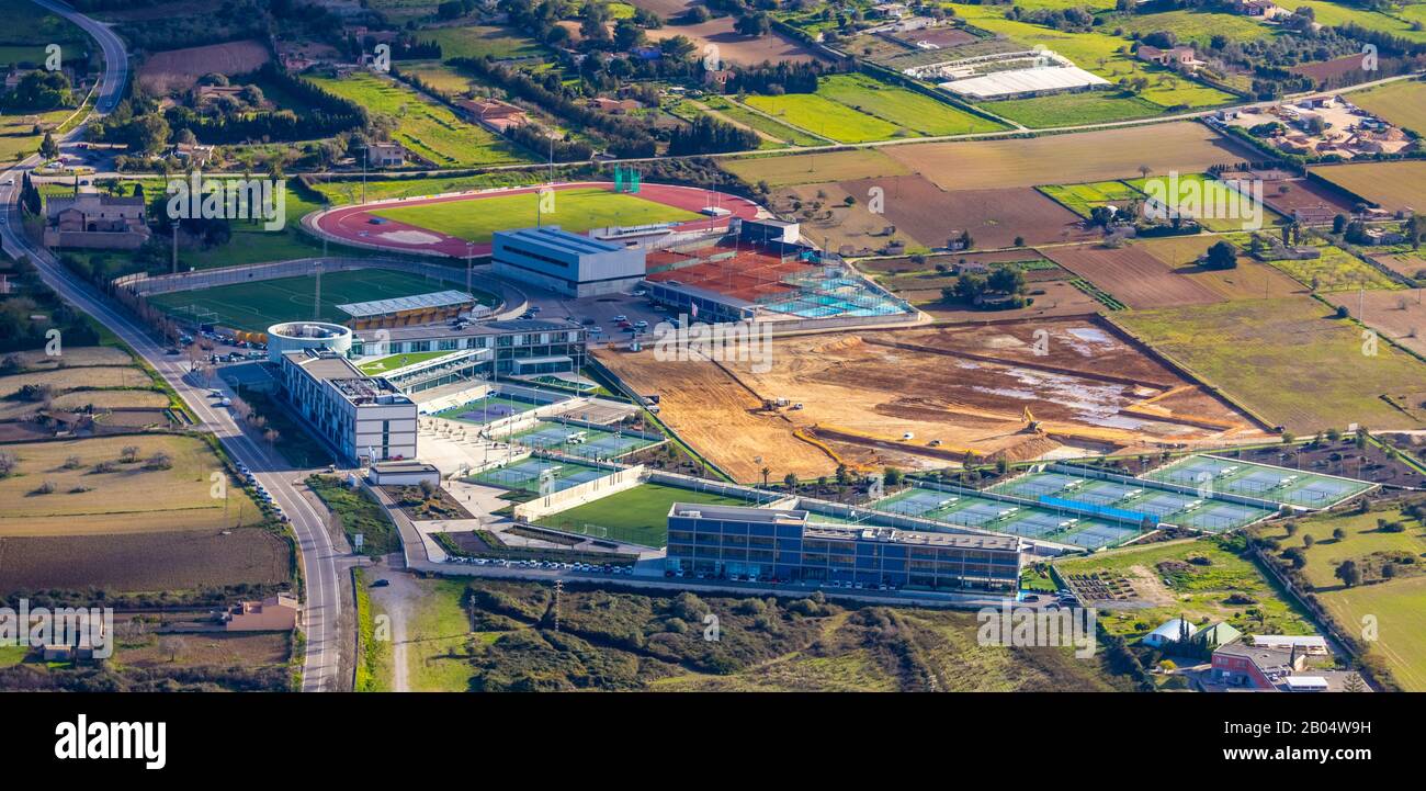 Aerial view, island, R.N. Sport Center, Rafael Nadal Tennis Center, Construction Site, Fartàritx, Manacor, Mallorca, Balearic Islands, Spain, Europe, Stock Photo