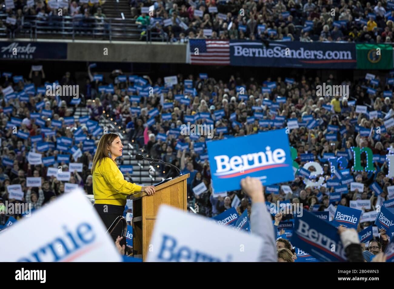 Tacoma, United States. 17th Feb, 2020. Seattle City Councilmember Teresa Mosqueda speaking at Senator Bernie Sanders rally at the Tacoma Dome on February 17, 2020 in Tacoma, Washington. Credit: The Photo Access/Alamy Live News Stock Photo