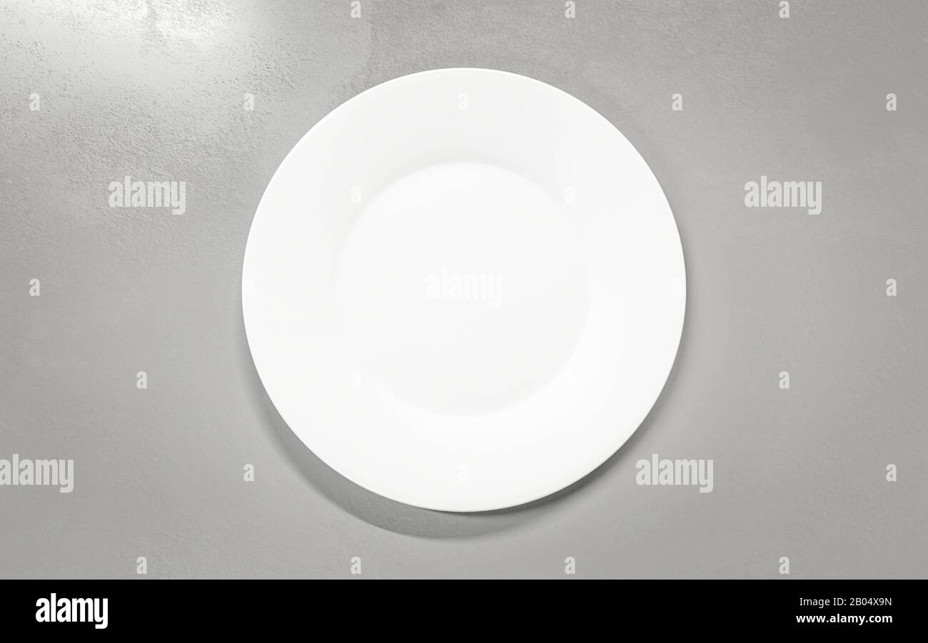 Empty plate on grey concrete background. Top view with copy space 3d ...
