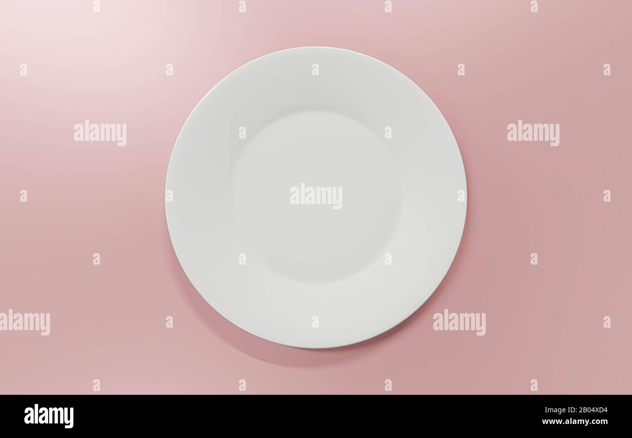 Empty plate on salmon pink background. Top view with copy space 3d ...