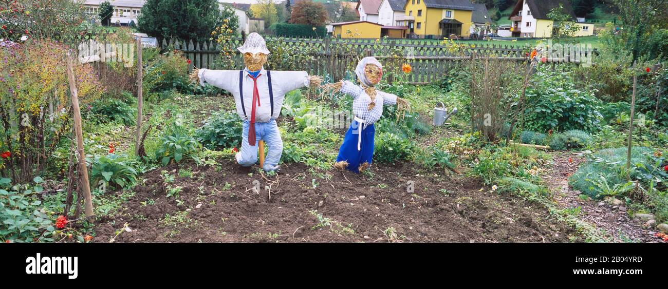 Scarecrows in a garden, Northern Black Forest Region, Baden-Wurttemberg, Germany Stock Photo