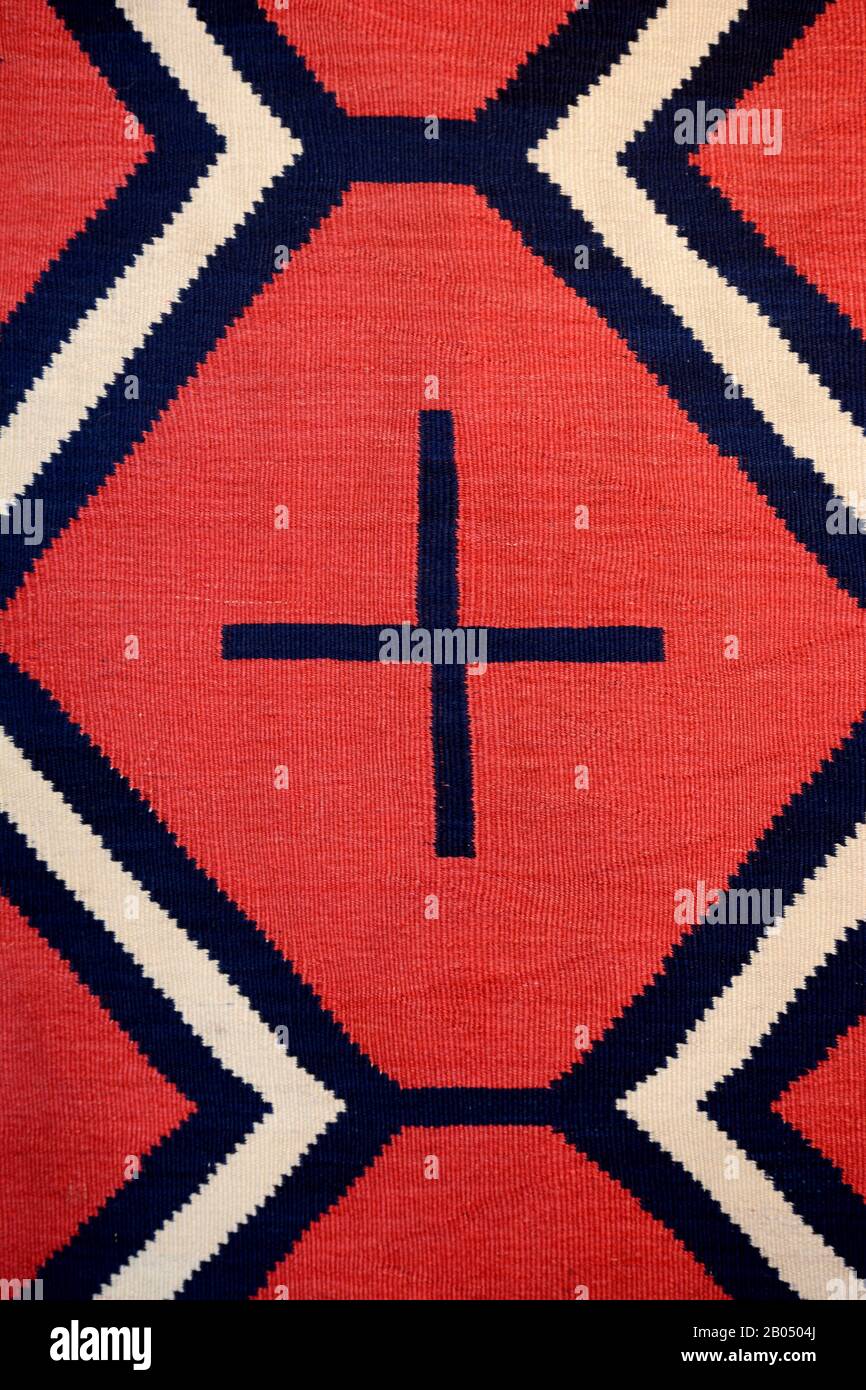 A close up of a vintage Navajo wool rug for sale in a Native American art,  jewelry and antique shop in Santa Fe, New Mexico Stock Photo - Alamy