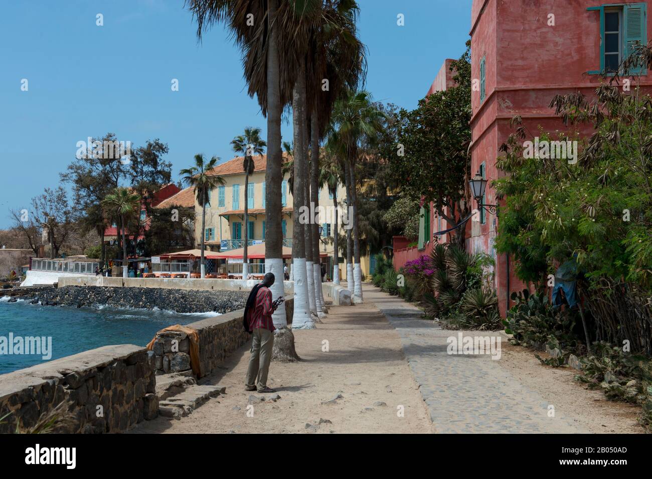 Street scene on Goree Island in the Atlantic Ocean outside of Dakar in Senegal, West Africa. Stock Photo