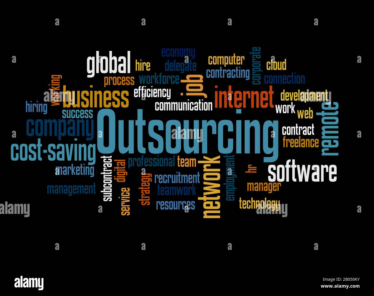 Outsourcing word cloud concept on black background. Stock Photo