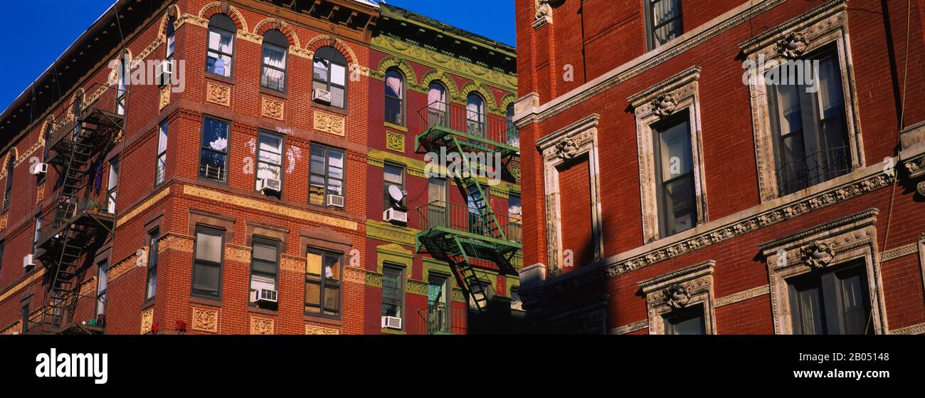 Low angle view of fire escapes on buildings, Little Italy, Manhattan, New York City, New York State, USA Stock Photo