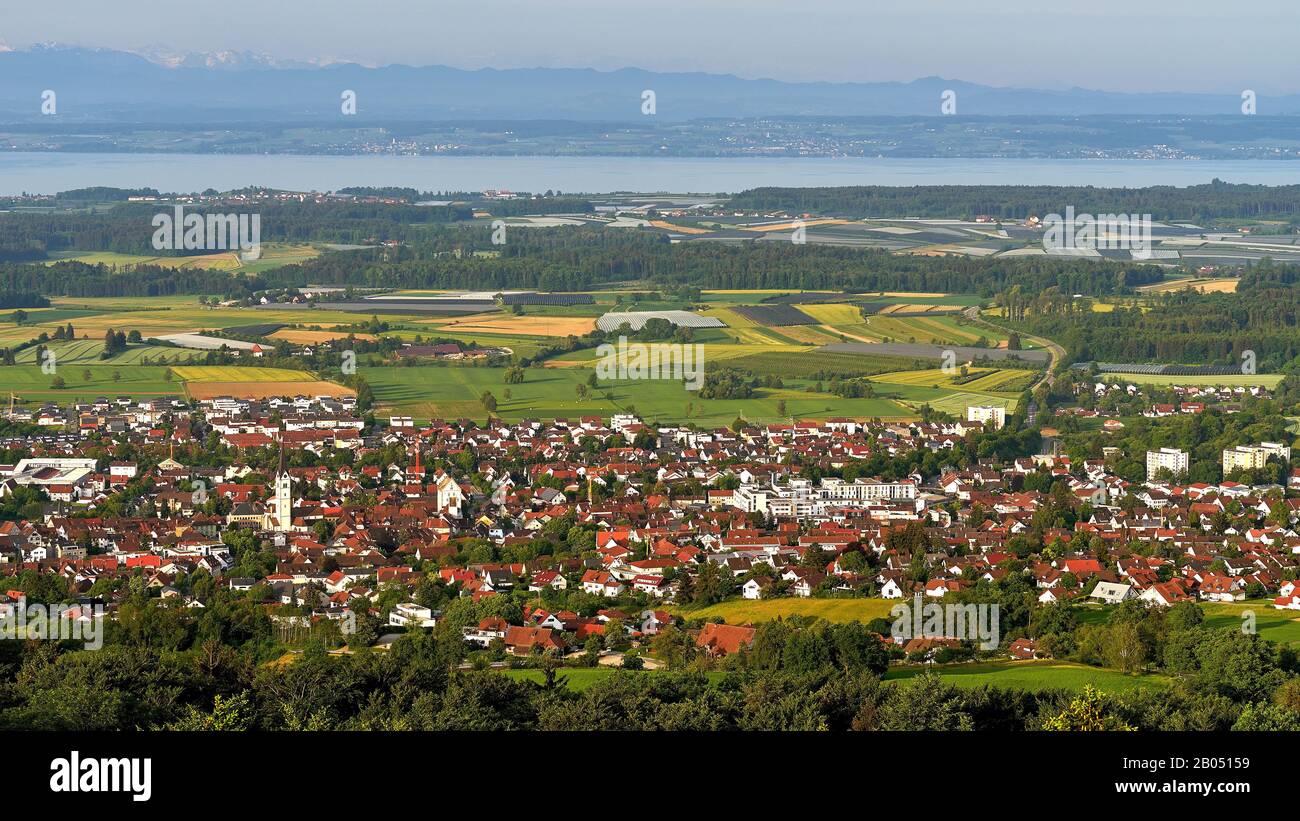 Markdorf, Lake Constance with Swiss Alps. View from Gehrenberg, Linzgau, Baden-Württemberg, Germany Stock Photo