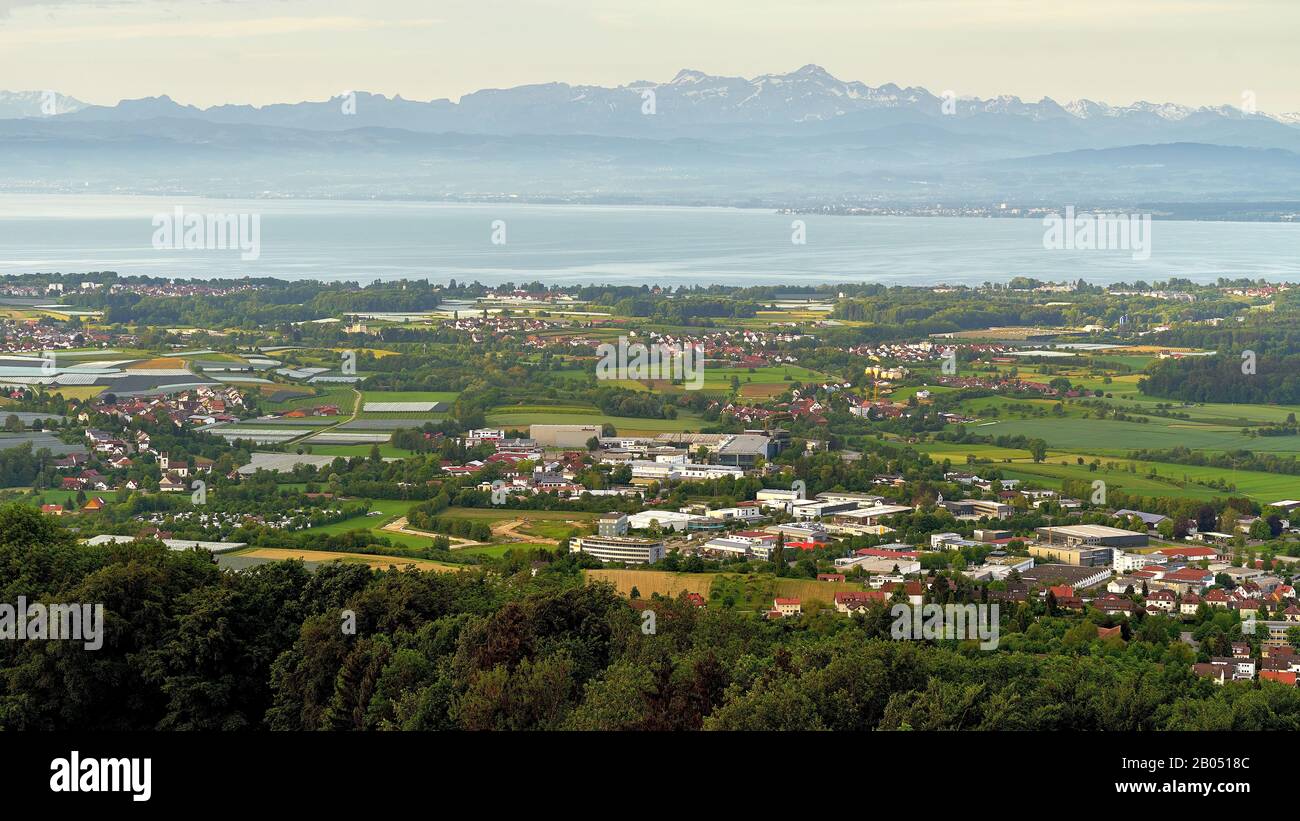 Markdorf, Lake Constance with Swiss Alps. View from Gehrenberg, Linzgau, Baden-Württemberg, Germany Stock Photo