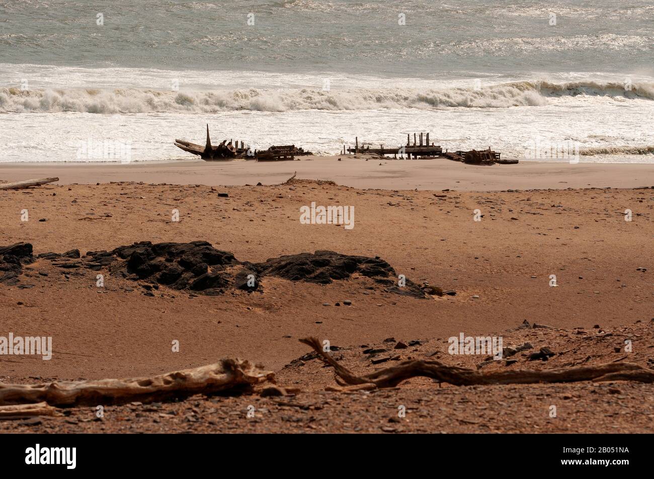Remains of wrecked ship at the beach on Skeleton Coast, Namib Naukluft ...