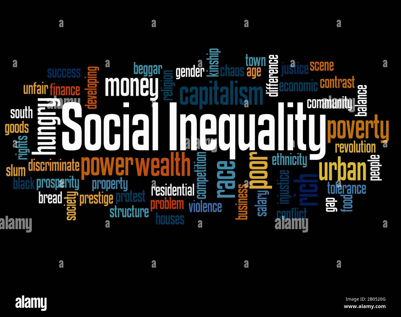 Social Inequality word cloud concept on black background. Stock Photo