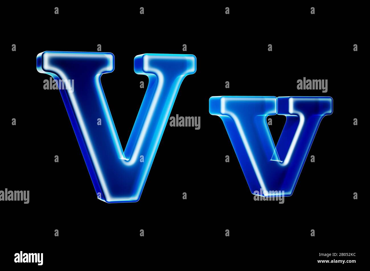 Letters V with hologram effect, 3D rendering on black background Stock