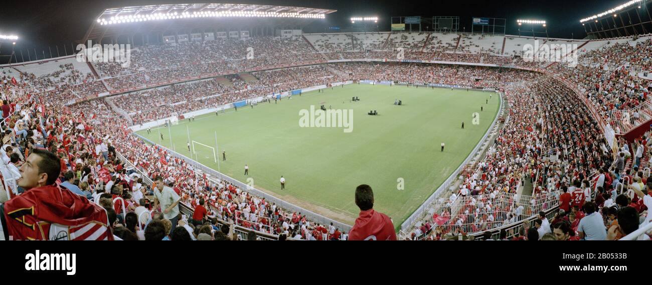 Crowd in a stadium, Sevilla FC, Estadio Ramon Sanchez Pizjuan, Seville, Seville Province, Andalusia, Spain Stock Photo