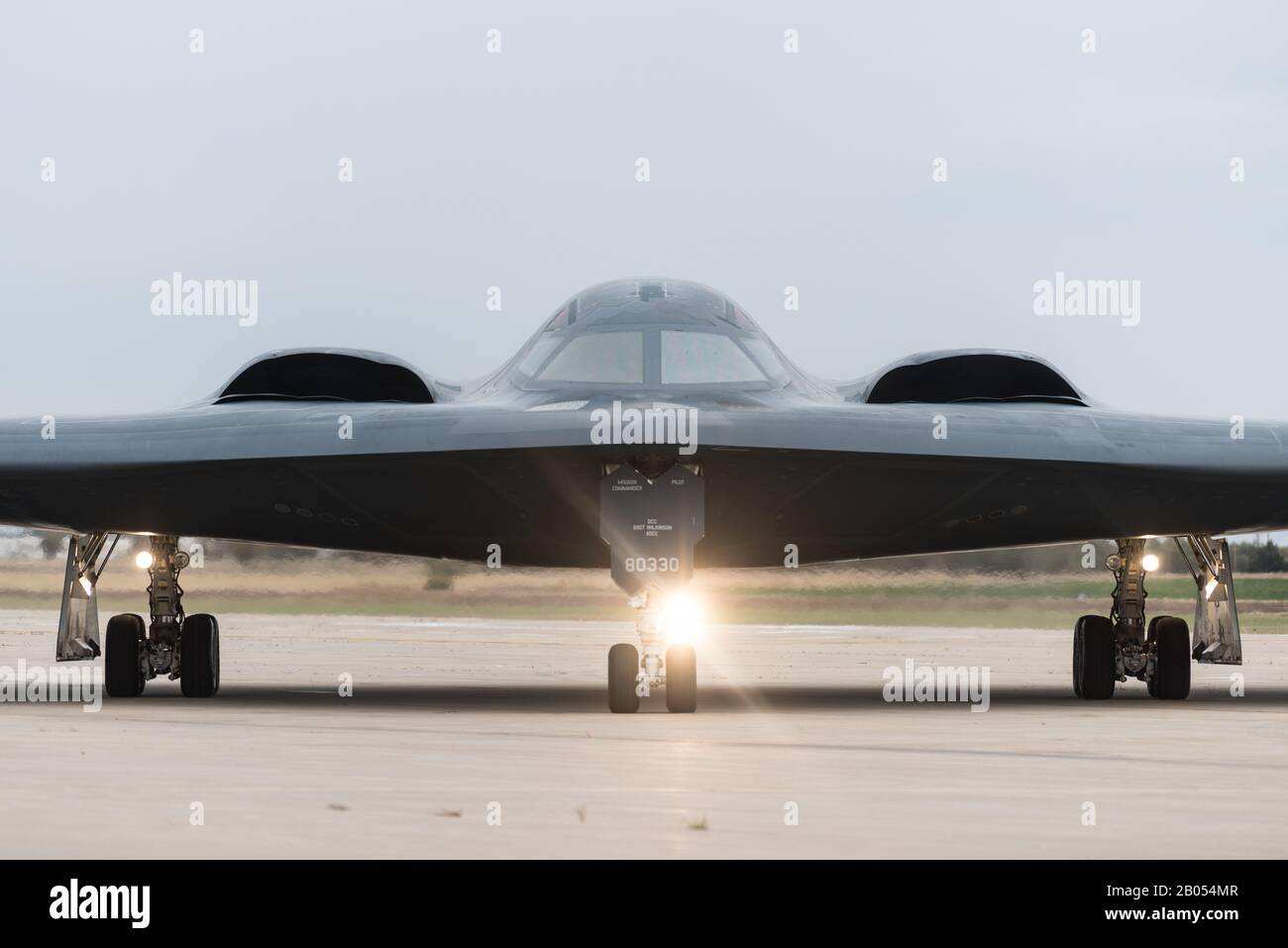 A U.S. Air Force B-2 Spirit stealth strategic bomber with the 509th Bomb Wing taxis on the flight line at Whiteman Air Force Base October 24, 2019 in St Louis, Missouri. Stock Photo