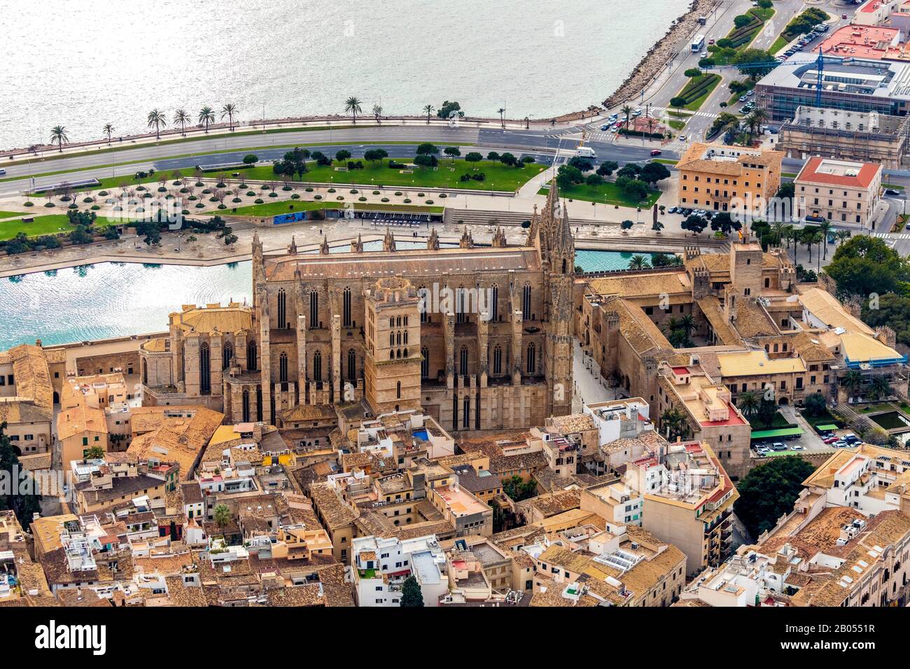 Aerial view, local view, Santa Iglesia Catedral de Mallorca, Cathedral of Palma, Palau Reial de L'Almudaina, Royal Palace, Canamunt, Palma, Mallorca, Stock Photo