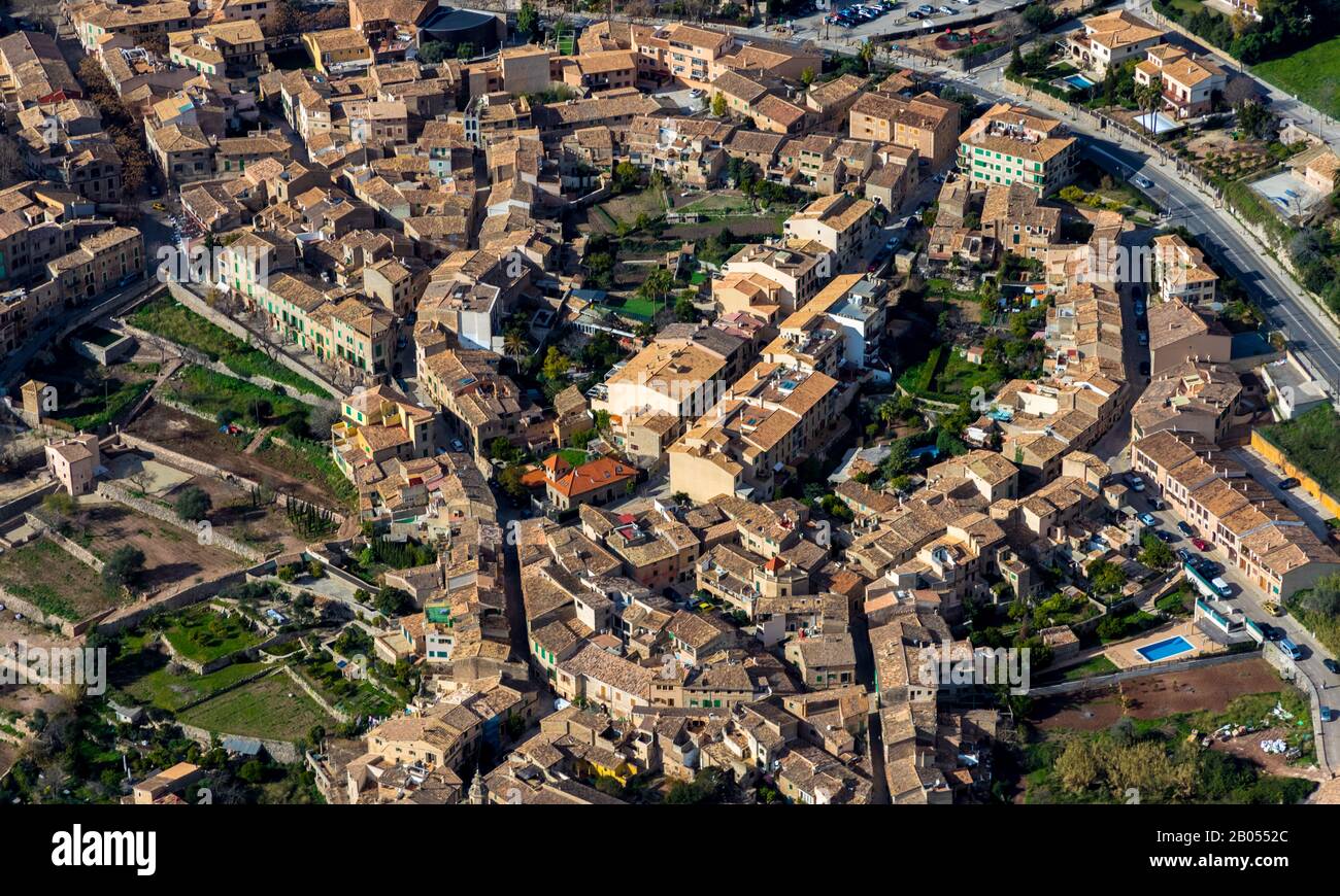 aerial view, old town, Valldemossa, Mallorca, Balearic Islands, Spain, Europe, Església de Sant Bartomeu, Espana, house of God, land tax, real estate, Stock Photo