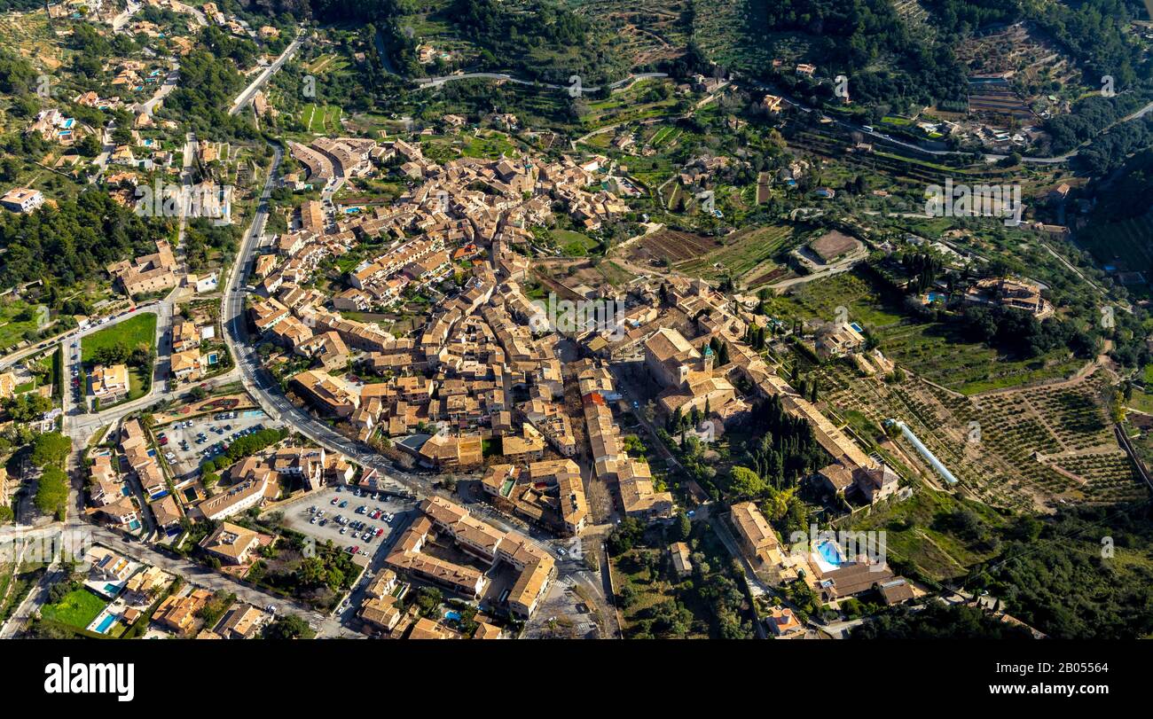 Aerial view, village view, old town, Valldemossa, Mallorca, Balearic Islands, Spain, Europe, Església de Sant Bartomeu, Espana, Frederic Chopin and Ge Stock Photo