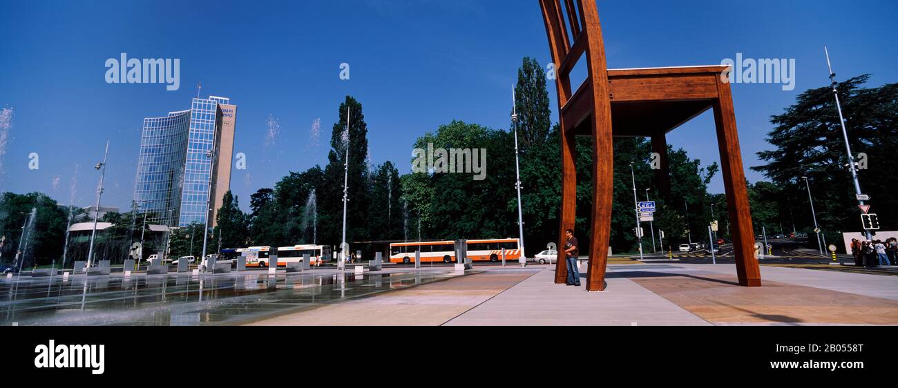 Sculpture of a chair, United Nation Square, Geneva, Switzerland Stock Photo