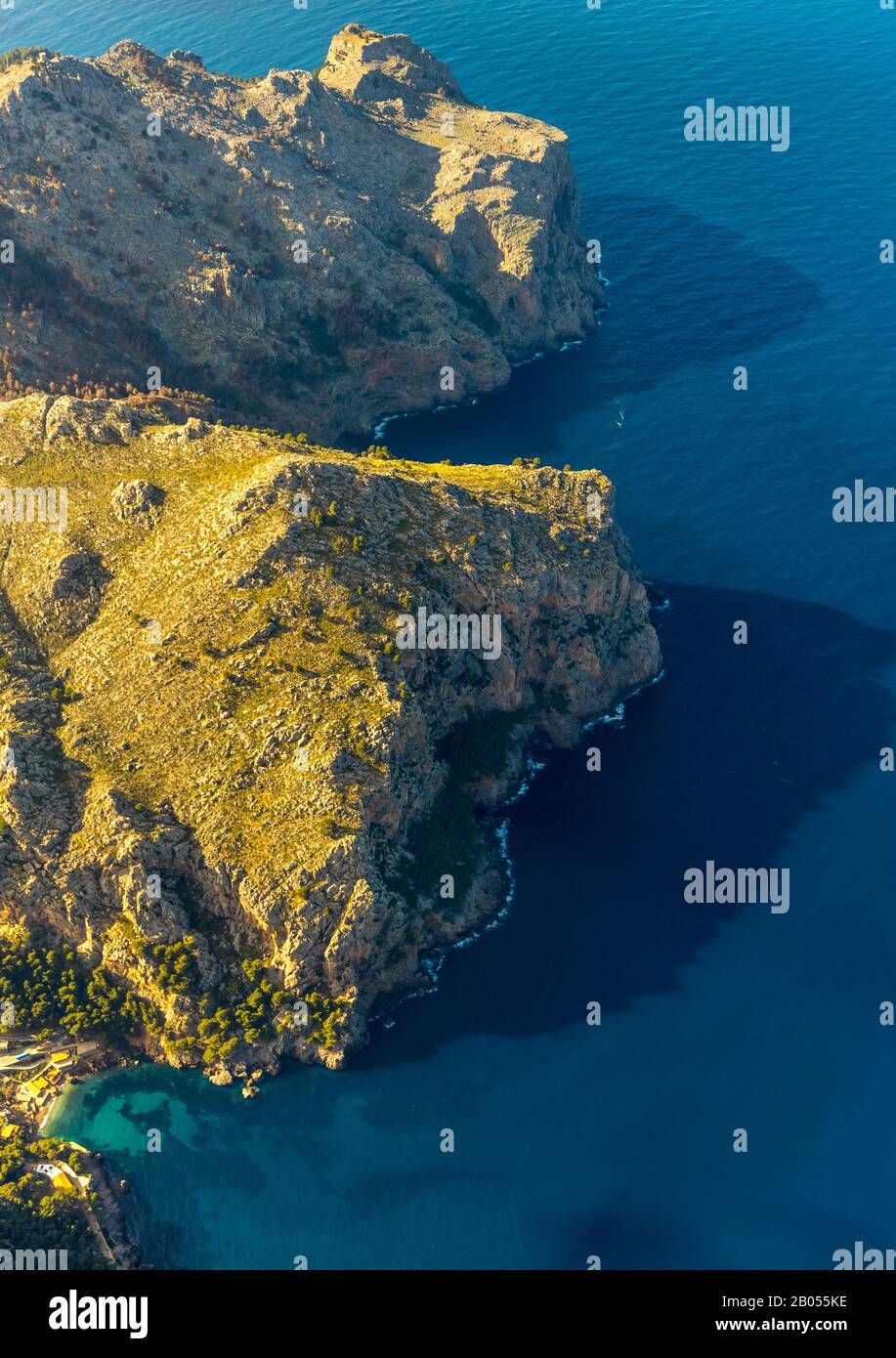 Aerial photo, coastal landscape at Sa Calobra, mountain range, Escorca, Mallorca, Balearic Islands, Spain, Europe, bay, ES, Espana, rocky coast, penin Stock Photo