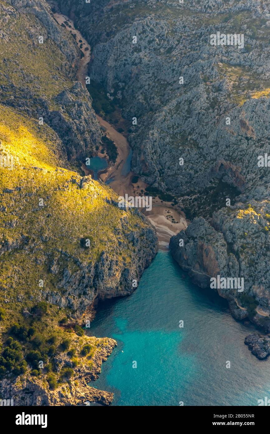 Aerial photo, bay near Sa Calobra, dream beach, canyon, Escorca, Mallorca, Balearic Islands, Spain, Europe, mountains and valleys, bay, ES, Espana, ro Stock Photo