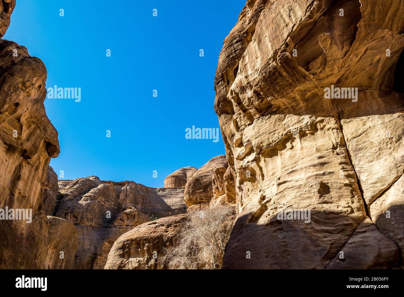 Breathtaking natural gorge called Al-Siq, carved in the red cliffs by the water flow, Petra ancient city complex and tourist attraction, Hashemite Kingdom of Jordan. Sunny winter day, cloudless sky Stock Photo